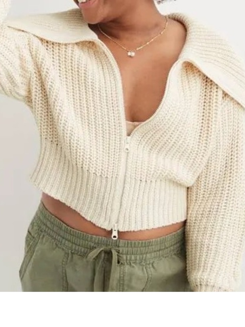 aerie Cream Chunky Ribbed Zip-Front Cropped Cardigan, medium